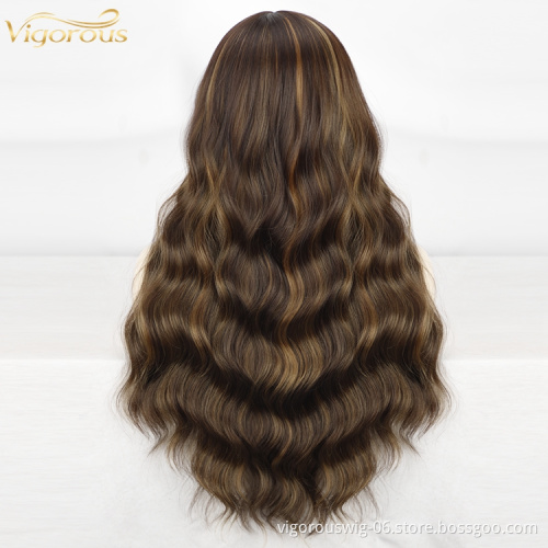 Vigorous Highlight Wavy Wigs Brown Mix Blonde Middle Part Cosplay Heat Resistant Synthetic Wigs with Bangs Black Women Long Hair